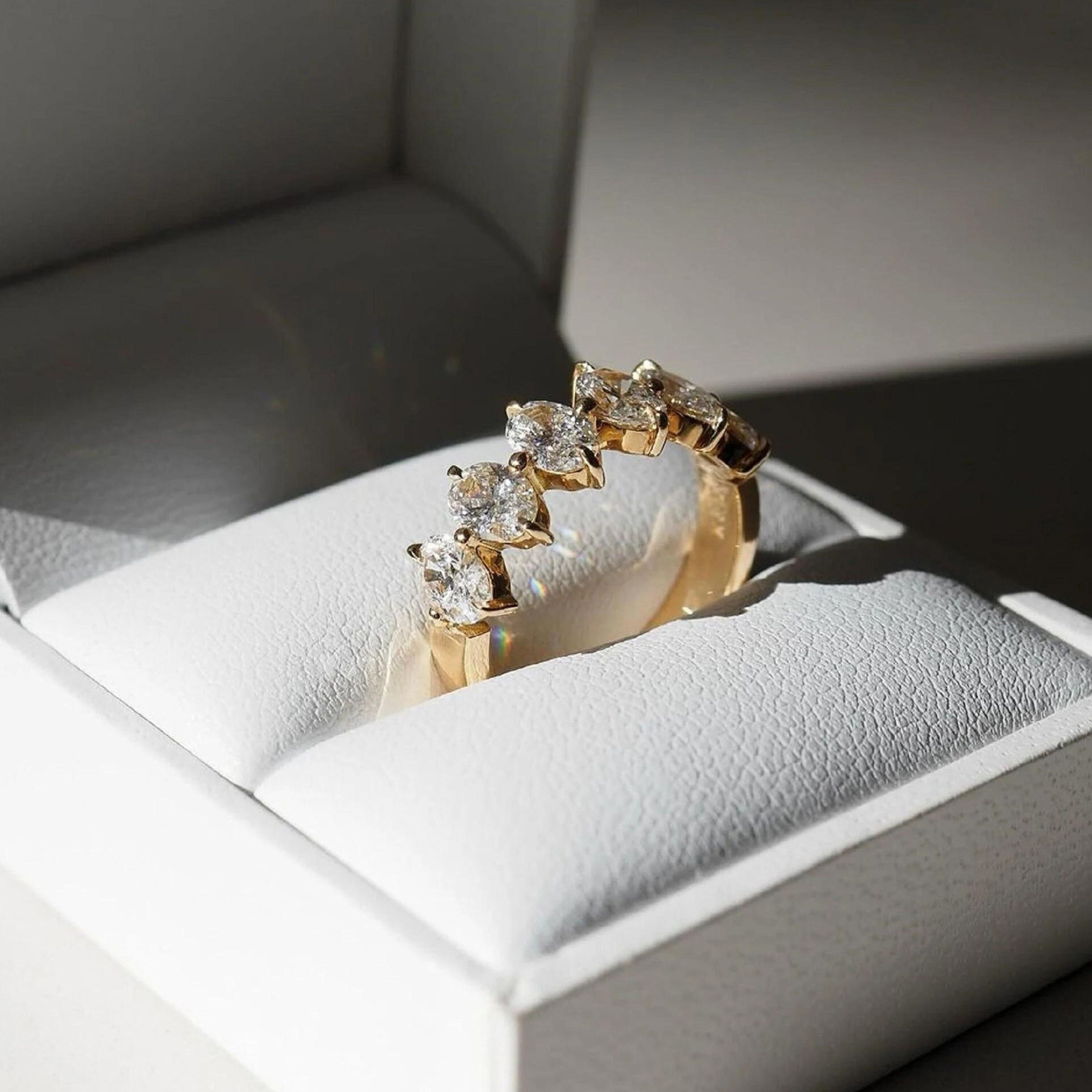 Look Beautiful!! Moissanite Oval Cut Wedding Band • Half Eternity Prong Set • Six-Stone Moissanite Band • bridal gold wedding diamond ring