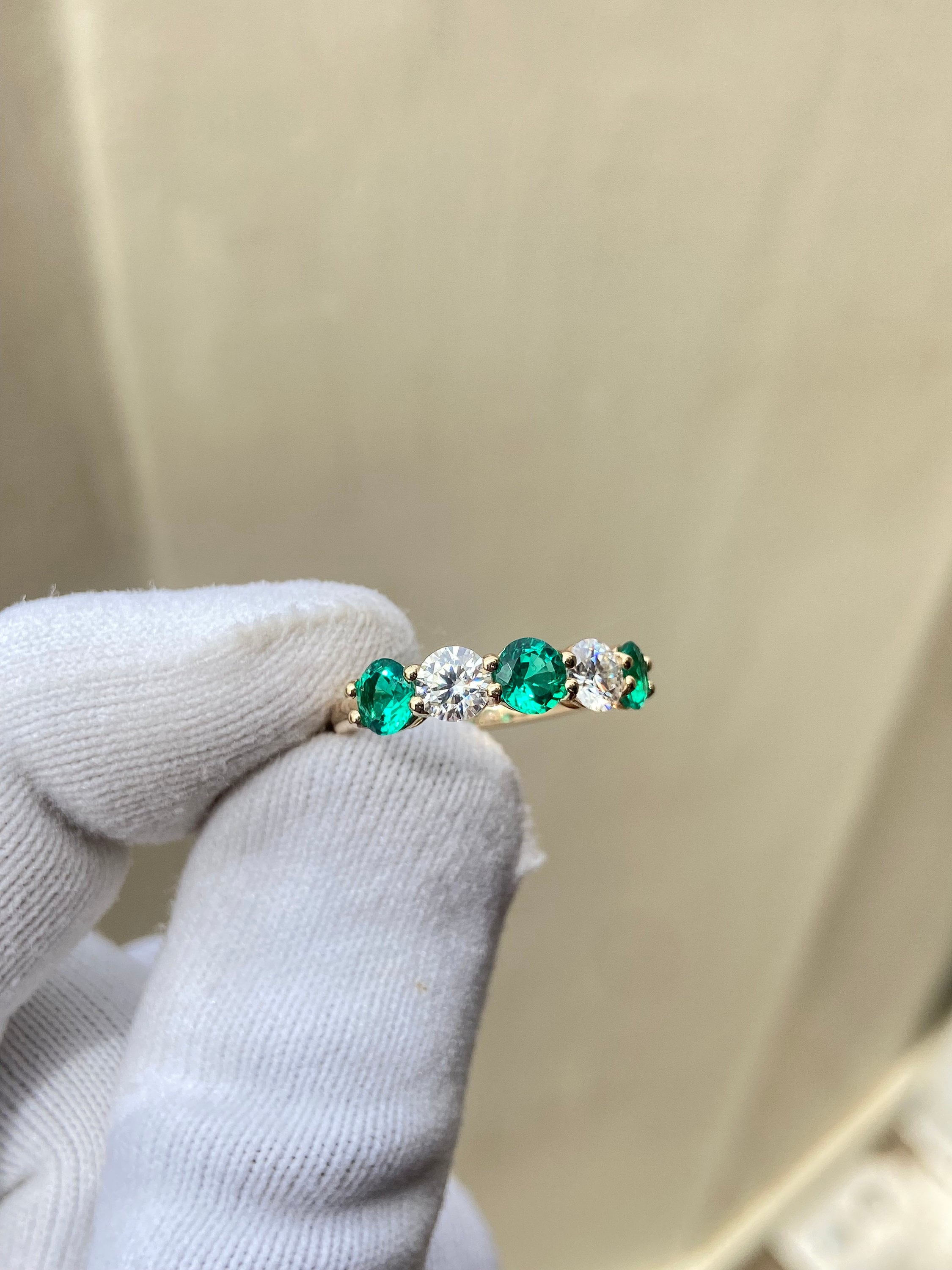 Gold Emerald Moissanite Wedding Band: Lab Grown Colombian Green Gemstone