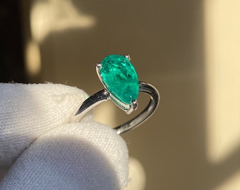 Emerald Gem Pear Cut Ring • Colombian Green Emerald Ring • White Gold Ring, Anniversary Gift For Wife • Real Emerald Gemstone Ring