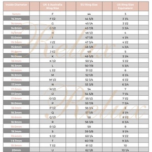 May include: A chart showing ring sizes in millimeters, UK and Australian ring sizes, EU ring sizes, and US ring size equivalents.