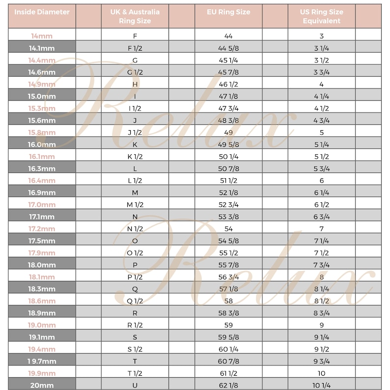 May include: A chart showing ring sizes in millimeters, UK and Australian ring sizes, EU ring sizes, and US ring size equivalents.