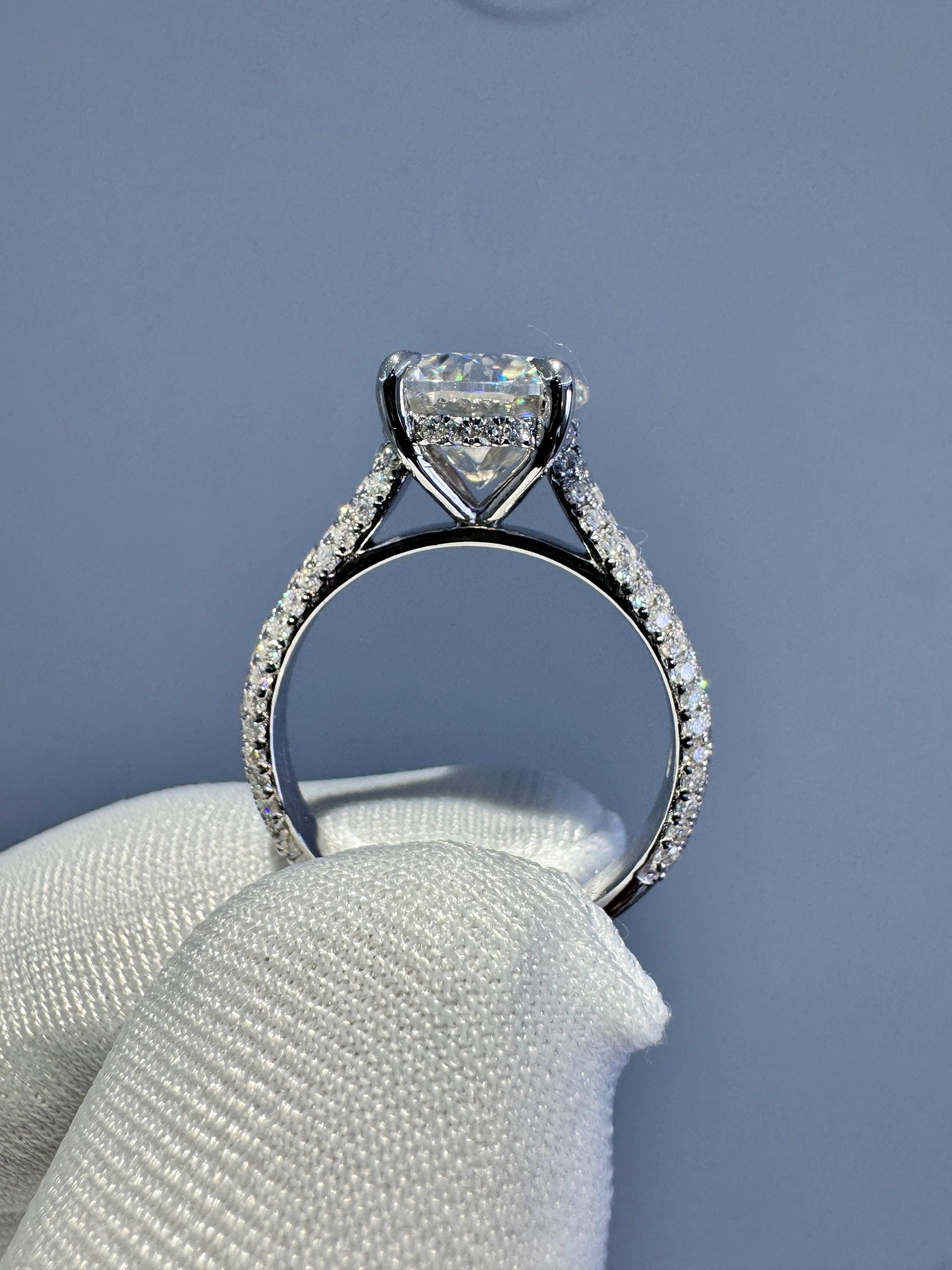 Perfect Engagement Ring • 2.5ct Moissanite Ring • Round Luxury Statement Ring • Hidden Halo Ice out Diamond Shank • 3 Side Pave Band