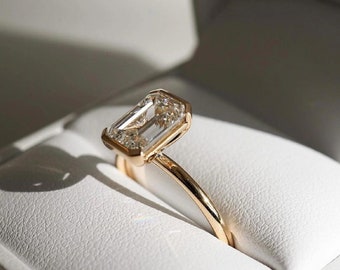 Modern Half Bezel Long Emerald Cut Moissanite Ring • 18k Solid Gold Solitaire Engagement Ring • D VVS1 Diamond Ring • Wedding wear Fine Ring