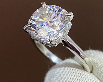 Cushion Cut Moissanite Ring: 14K Gold Hidden Halo Belt Engagement Ring with Vintage Cathedral shank