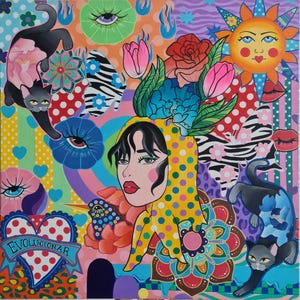 May include: Colorful pop art painting on canvas featuring a woman's face, cats, flowers, and the word "EVOLUCIONAR" on a heart-shaped banner. The artwork is displayed on a wooden easel.
