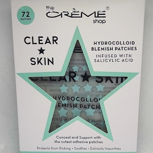 May include: A box of The Crème Shop Hydrocolloid Blemish Patches. The box is white with a teal star design and text that reads "CLEAR SKIN" and "72 patches." The patches are infused with salicylic acid and designed to conceal and support skin.