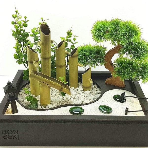 Zen-Brunnen für den Innenbereich, 40 x 25 cm, schwarz, mit Tisch, Zen-Garten, Bonsai und LED. Anpassbar.