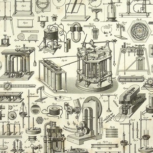 Op de afbeelding: Een zwart-wit technische illustratie met talrijke genummerde wetenschappelijke diagrammen van elektrische en mechanische apparaten, waaronder magneten, spoelen, batterijen en diverse laboratoriuminstrumenten in een rasterindeling.