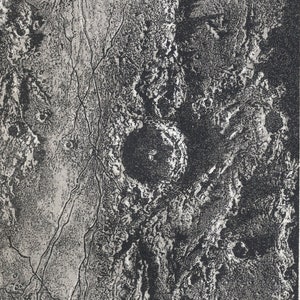 May include: A black and white illustration of the moon's surface, showing craters and other features. The image is labeled "Triesnecker (After Nasmyth)".
