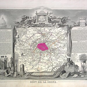 Departamento de la Sena con París | Grabado antiguo coloreado a mano 1856 | Atlas Nacional de Levasseur | Mapa histórico decorativo | Antiguo mapa francés