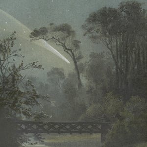 Antique Color Lithograph - Great Comet over Landscape | H Harder | Das Weltgebäude | M Wilhelm Meyer | German 1898