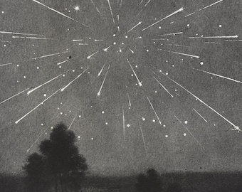 Antique Astronomy Print - Meteor Shower of October 9, 1933 - Radiant Point Illustration | Astronomy: Les Astres, l&#39;Univers | Larousse, 1948