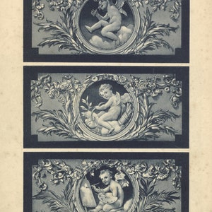 May include: Three black and white illustrations of cherubs in ornate frames. Each cherub is depicted in a different pose, with one holding a flower, another holding a branch, and the third holding a paintbrush and palette. The illustrations are labeled "Vullingen met amoretten" and "Naar teekeningen van Prof. Max Koch."