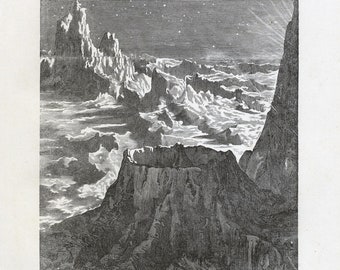 Antique Engraving - Lunar Landscape: Rugged Moon Mountains and Craters | From Flammarion&#39;s &quot;Astronomy Popular,&quot; Dutch Edition, 1888