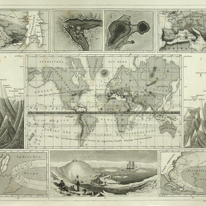 Può includere: Una mappa del mondo vintage con un focus sull'emisfero settentrionale. La mappa mostra i continenti del Nord America, Europa, Asia e Africa. La mappa è stampata in bianco e nero e ha un sistema di griglia dettagliato. La mappa è circondata da mappe più piccole di diverse regioni, tra cui l'Artico, l'Oceano Indiano e l'Oceano Atlantico.