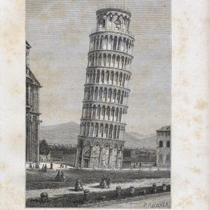 Pode incluir: Uma gravura em preto e branco da Torre Inclinada de Pisa, Itália. A torre é uma estrutura cilíndrica alta com uma inclinação distintiva. A gravura mostra a torre à distância, com algumas figuras em primeiro plano.