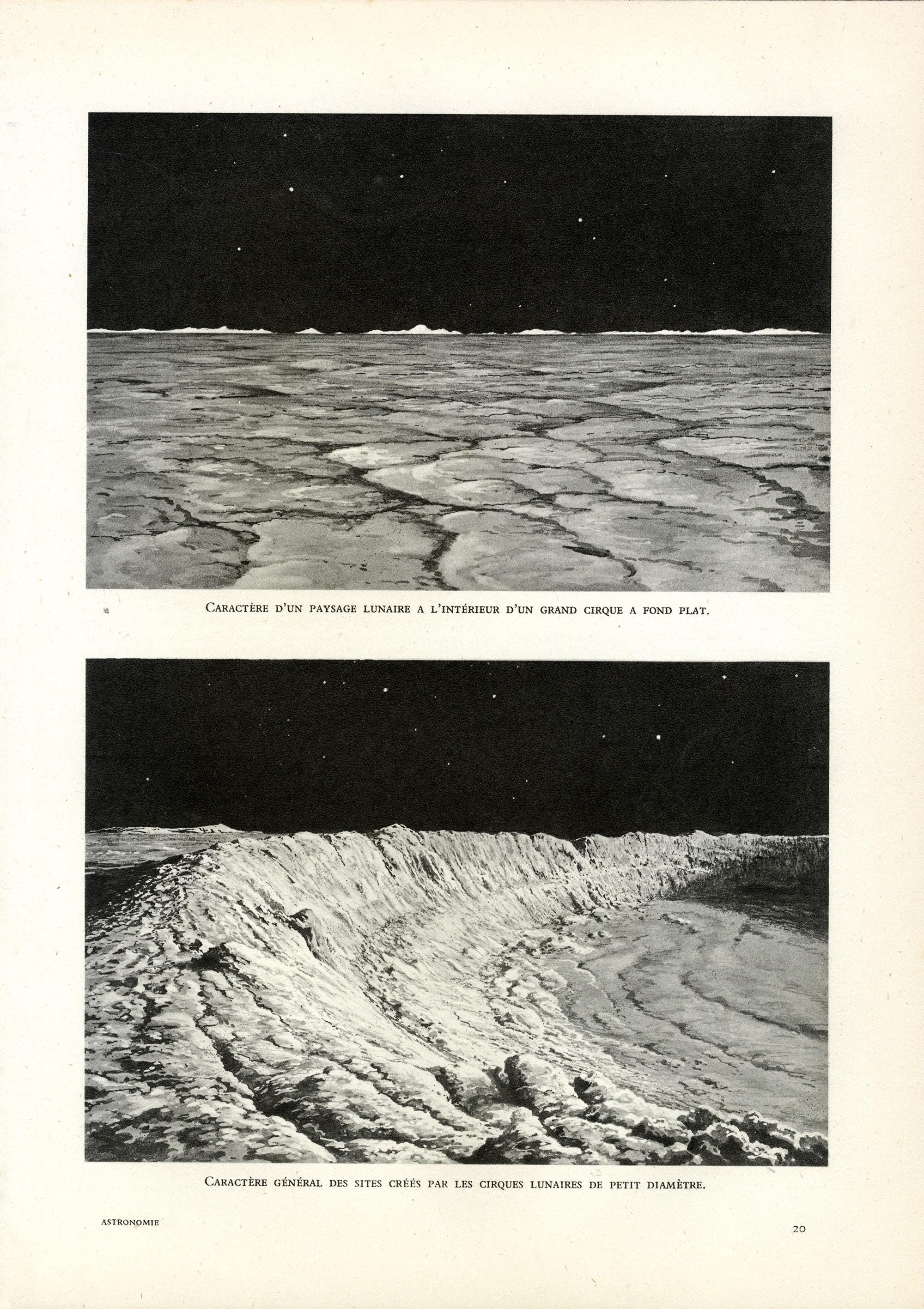 Antique Astronomical Lithograph - Lunar Crater Landscapes: Flat-Floored Basin and Small-Diameter Crater | French Astronomy, 1923