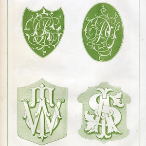 May include: Four green and white monogram designs. The first two are in oval and shield shapes with floral designs. The last two are in shield shapes with a more geometric design.