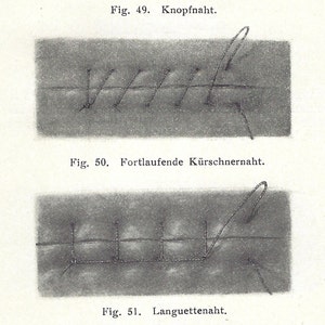 Op de afbeelding: Een zwart-witte illustratie van drie verschillende soorten steken die worden gebruikt bij het naaien. De steken zijn gelabeld met "Knopfnaht", "Fortlaufende Kürschnernaht" en "Languettenaht".