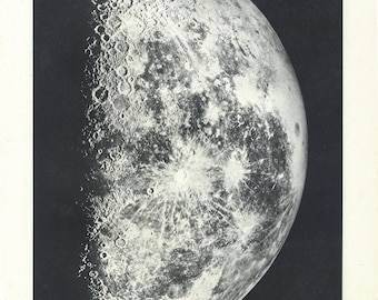 Vintage-Astronomie-Druck – Der Mond in der letzten Viertelphase, beobachtet am Mount Wilson Observatory | Larousse – Astronomie: Les Astres, 1948