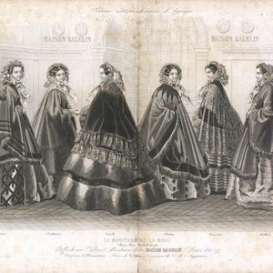 Gravure de mode française ancienne vers 1857 - Dames élégantes en capes de la Maison Gagelin | Le Moniteur de Mode, Impression Double Page