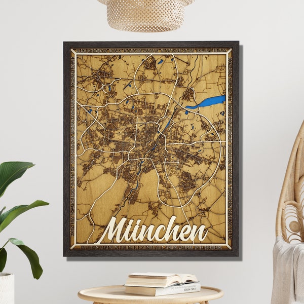 München Stadtplan aus Holz mit | 3D Karte | Wanddekoration | Personalisierbar mit Herz und Wunschtext