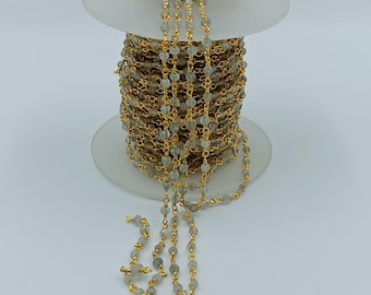 Natural Labradorite Beaded Chain | 3mm Labradorite Vermeil Rosary Chain | Gold Plated Wire Wrapped Brass Chain | Jewelry Making Supplies