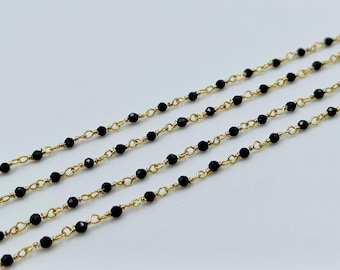 Black Onyx Gemstone 2mm Beaded Chain | Black Onyx Beads Rosary Chain |  Gold Plated Wire Wrapped Brass Beads Chain | Jewelry Making Supplies