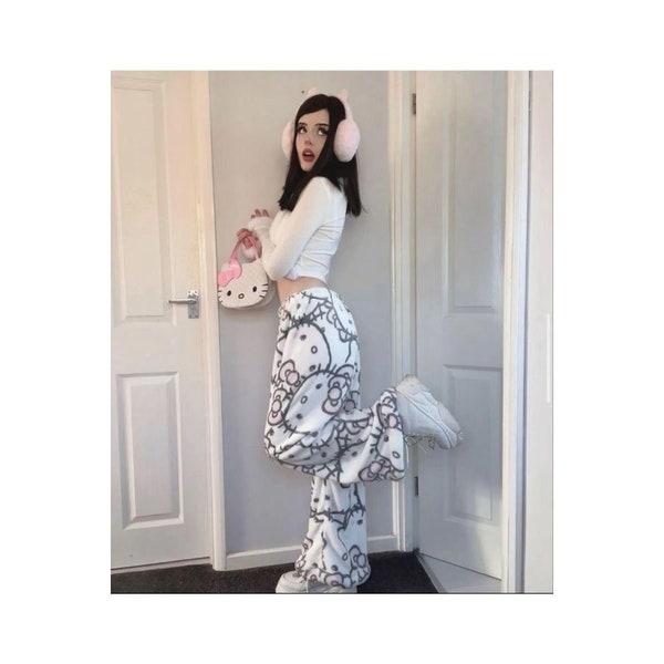 SUMMER EXPRESS Cute White Hello Kitty Cat Oversized Wide Leg Sweatpants - Pyjama Pants high quality Fashion UNISEX