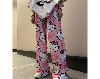 EXPRESS Cute Pink Hello Kitty Cat Oversized Wide Leg Sweatpants - Pyjama Pantshigh qualityFashion UNISEX