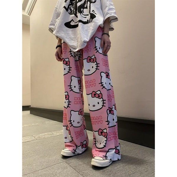 SUMMER EXPRESS Cute Pink Hello Kitty Cat Oversized Wide Leg Sweatpants - Pyjama Pantshigh qualityFashion UNISEX