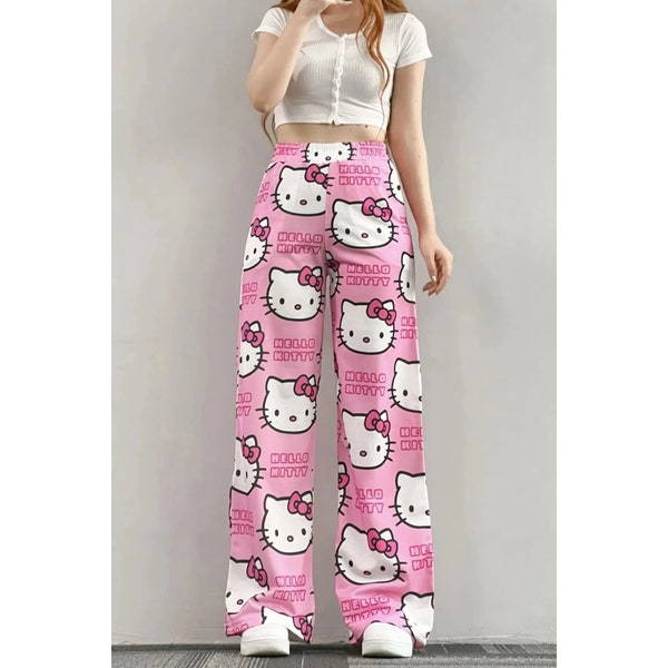 SUMMER EXPRESS Cute White Hello Kitty Cat Oversized Wide Leg Sweatpants - Pyjama Pants high quality Fashion UNISEX