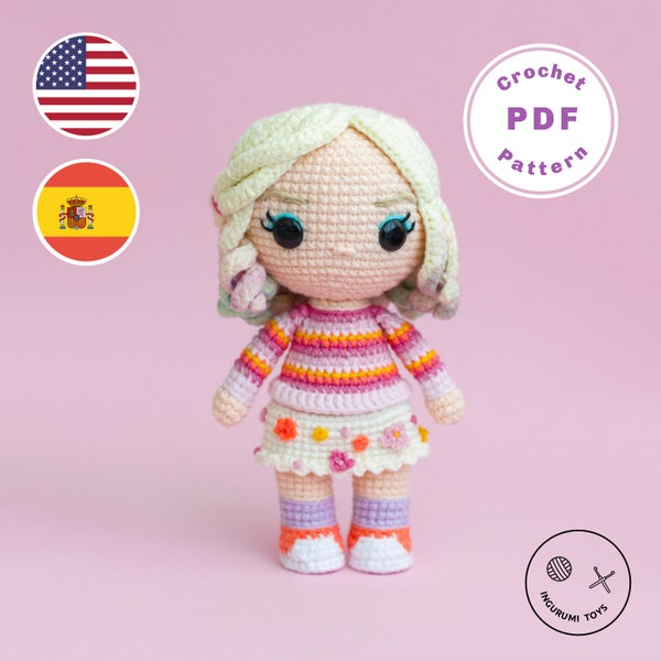 Crochet PATTERN PDF Blonde Girl Amigurumi Doll in pink/Patrón de ganchillo PDF Muñeca Amigurumi de Chica Rubia en rosa