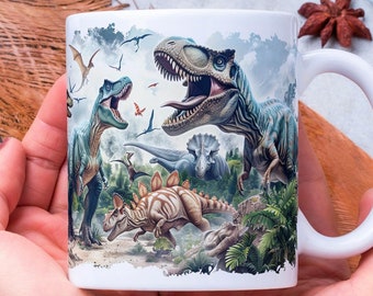 Taza de dinosaurio personalizada, taza de café de cerámica con estampado vívido