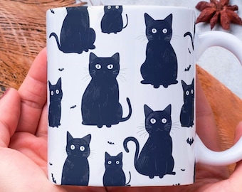 Personalized Black Cat Ceramic Coffee Mug, Halloween Gift