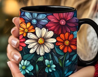 Personalized Stained Glass Flower Mug: Boho Wildflower Coffee Mug