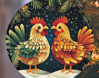 Chicken Christmas Ornament, Ceramic Holiday Decor, Chicken Lover Gift