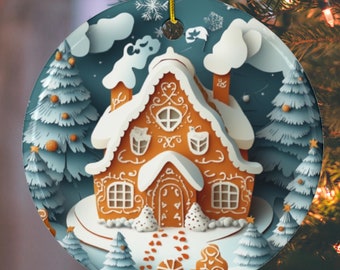 Könnte beinhalten: Runder Weihnachtsschmuck mit Lebkuchenhaus-Design. Der Schmuck zeigt eine detaillierte Illustration eines Lebkuchenhauses mit weißem Zuckerguss, schneebedecktem Dach und dekorativen Bäumen. Er hängt an einer goldenen Schnur.