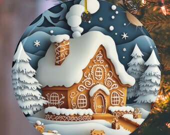 Könnte beinhalten: Runder Weihnachtsschmuck mit einem Lebkuchenhaus-Design. Der Schmuck hat eine goldene Schnur zum Aufhängen und zeigt ein braunes Haus mit weißem Schnee, einen blauen Nachthimmel und Lebkuchenmänner. Weihnachtsdekoration.