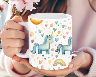 Personalized Unicorn Coffee Mug, Rainbow Hearts, Gift for Her