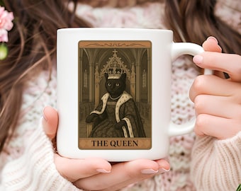 Queen Tarot Card Cat Mug, Mystical Halloween Gift