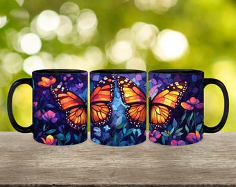 Gepersonaliseerde glas-in-lood vlinder koffiemok, bloemsierkunst cadeau