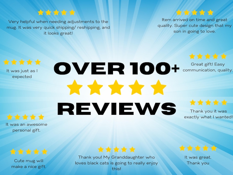 May include: A blue background with white rays of light radiating out from the center. The text "OVER 100+ REVIEWS" is in black bold letters. There are five yellow stars below the text. The image is surrounded by customer reviews with five yellow stars each. The reviews are positive and mention the product's quality, design, and shipping.
