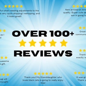 May include: A blue background with white rays of light radiating out from the center. The text "OVER 100+ REVIEWS" is in black bold letters. There are five yellow stars below the text. The image is surrounded by customer reviews with five yellow stars each. The reviews are positive and mention the product's quality, design, and shipping.