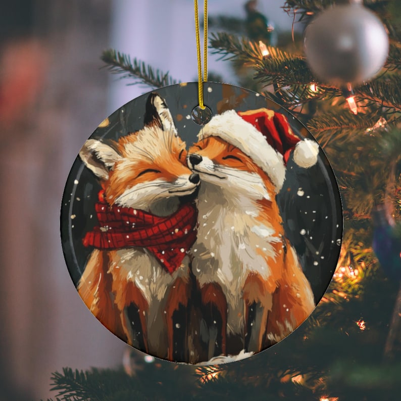 Peut inclure: Une d&eacute;coration de No&euml;l repr&eacute;sentant deux renards, l'un portant un bonnet de P&egrave;re No&euml;l, avec une &eacute;charpe rouge et blanche autour du cou. Les renards sont repr&eacute;sent&eacute;s dans un d&eacute;cor enneig&eacute;.