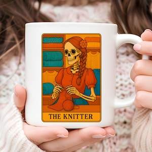 The Knitter Tarot Card Mug, Knitting Coffee Mug, Knitting Lover Gift, Gift for Her, Halloween Mug, Tarot Card, Skeleton Mug, Crochet Mug