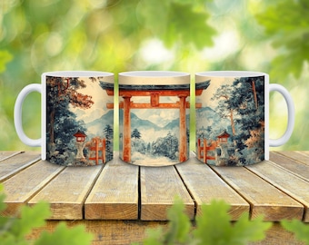 May include: Three white ceramic mugs with a Japanese-inspired design. Each mug features a watercolor painting of a traditional red torii gate, a mountain landscape, and lush green trees.