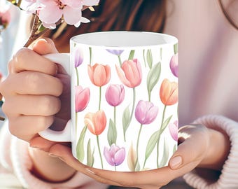 Personalized Tulip Mug, Boho Floral Coffee Mug, Gift for Her