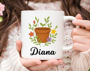 Personalized Floral Gardening Mug, Custom Gardener Gift