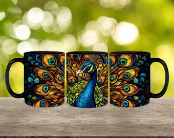 Personalized Stained Glass Peacock Coffee Mug: Bird Lover Gift